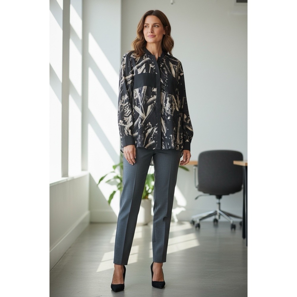 100% Silk, Abstract Brushstroke Button-Up Shirt in Black and Beige